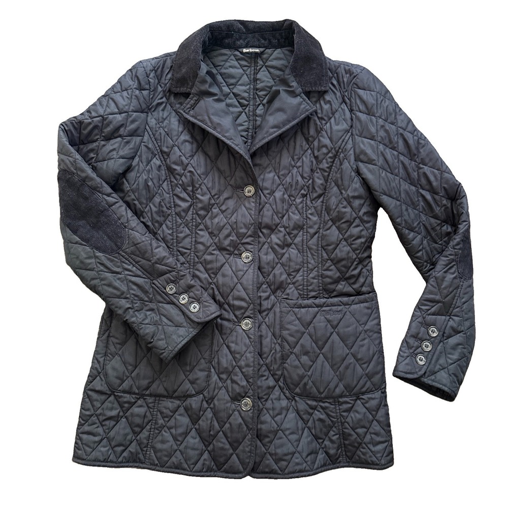 Barbour Forde Quilted Jacket Women 8 Black Corduroy Collar Elbow Patch Insulated